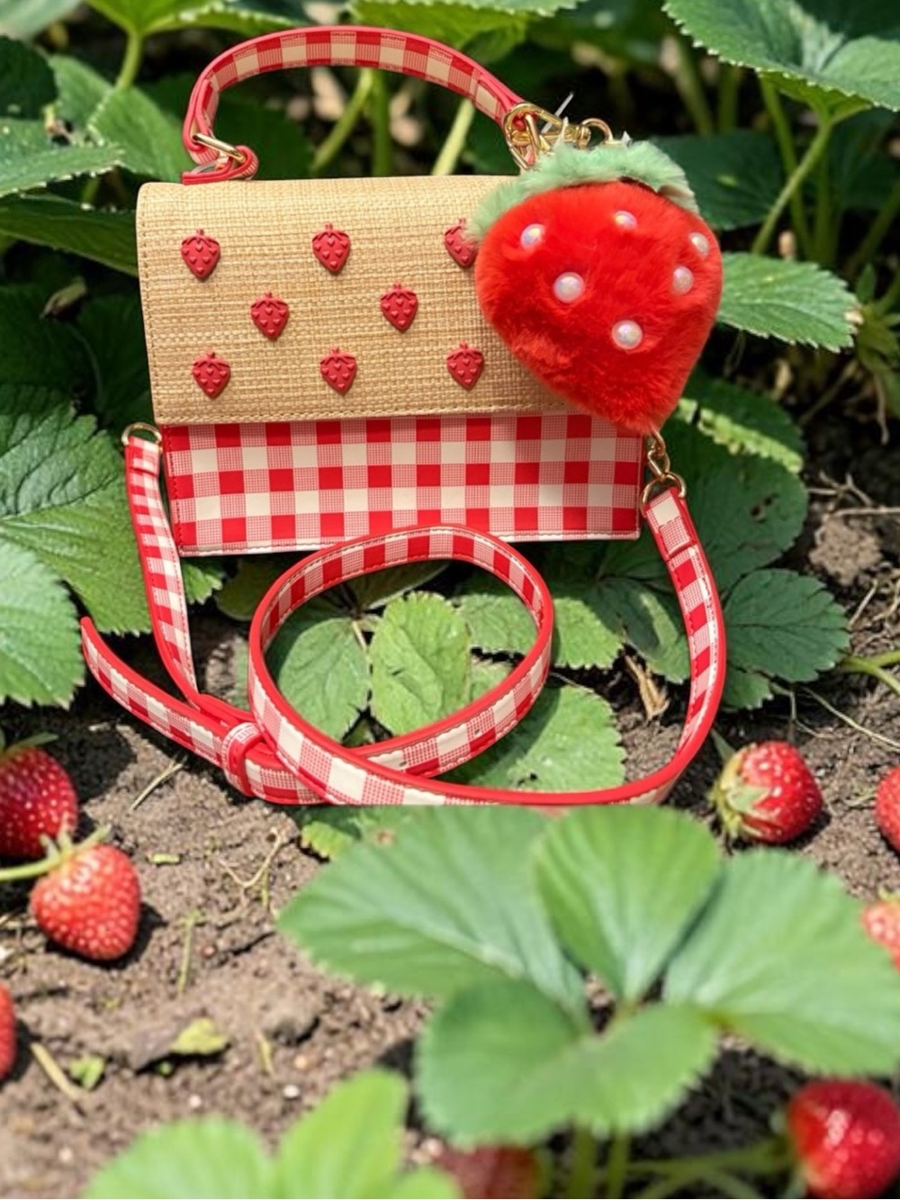 BETSEY Johnson strawberry gingham straw Crossbody bag NWT Red white picnic - Picture 12 of 13